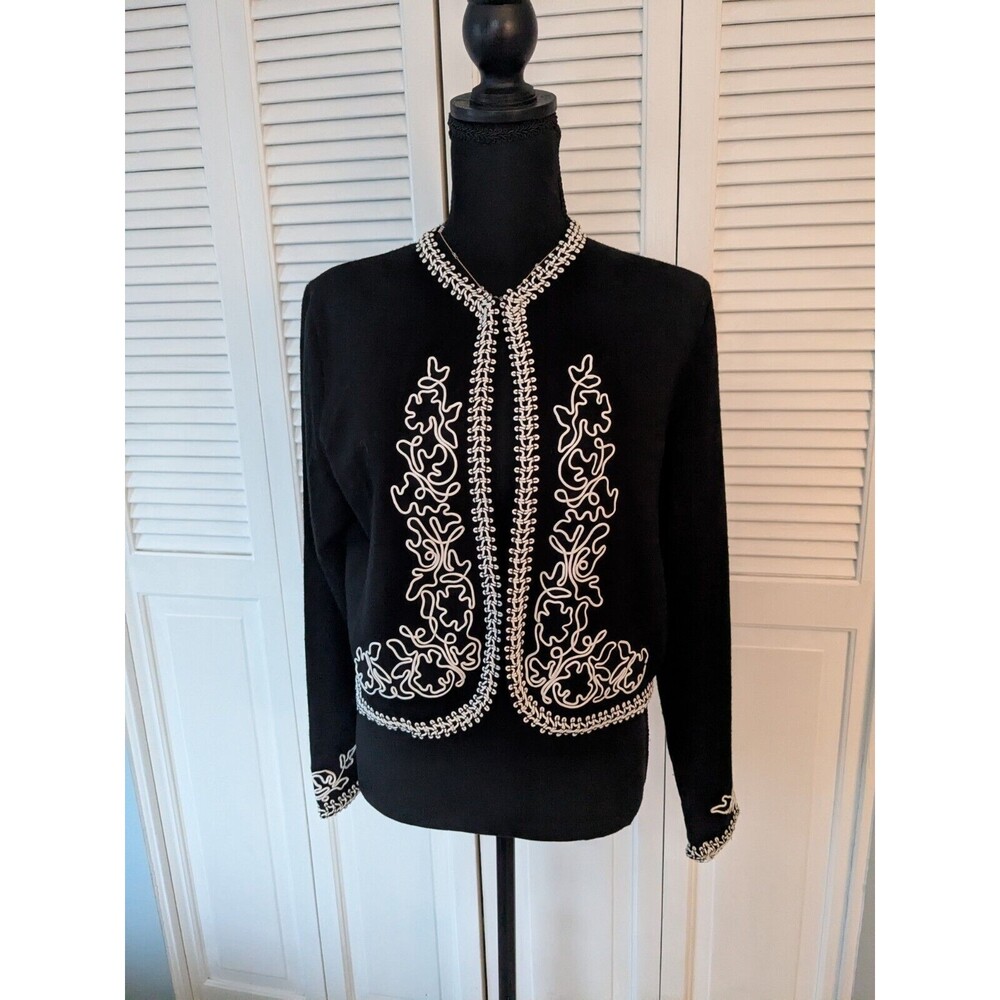 Lennie LNY New York Vtg Cardigan Women's S Black Open Jacket White Embroidery